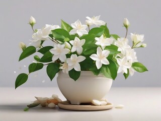 beautiful jasmine flower with pot, sunlight, jasmine detail, realistic jasmine