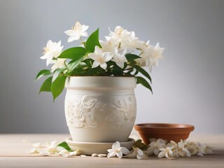 beautiful jasmine flower with pot, sunlight, jasmine detail, realistic jasmine