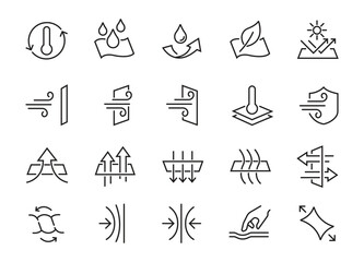Set of Fabric Properties Related Vector Line Icons. Contains such Icons as Stretching, Windproof, Breathable and more. Editable Stroke. - obrazy, fototapety, plakaty