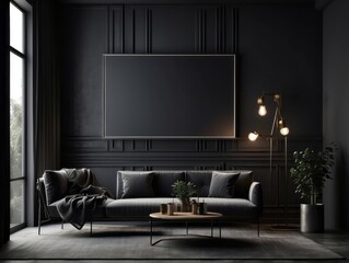 Modern dark home interior background, wall mock up