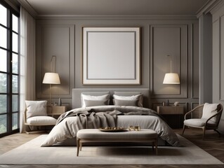 Mockup frame in luxury Hampton style bedroom interior,