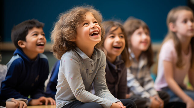 School kids learning inside a class, comfortable sitting arrangements.