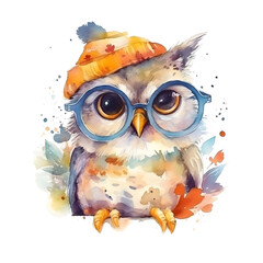 Watercolor cute clipart owl in glasses reading a book on transparent background. sublimation, tshirt, mug, pillow, tumbler, print