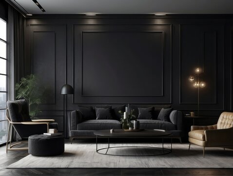 Home interior, modern dark living room interior, black empty wall mock up