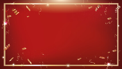 Red promotion banner holiday party template background with gold border and confetti