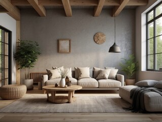 Scandinavian farmhouse living room interior, wall mockup