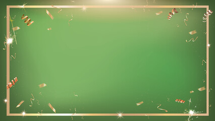 Green promotion banner holiday party template background with gold border and confetti