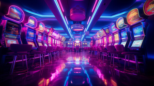 Row of slot machine inside casino, illuminated by neon lights.