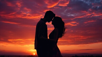 Romantic couple embracing at sunset with vivid sky. Love and affection.