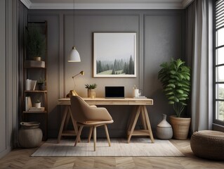 Cozy workplace interior at home with frame mockup