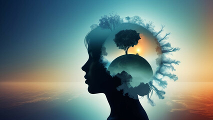 Human head silhouette with tree in the sky. Conceptual image.  AI generated.