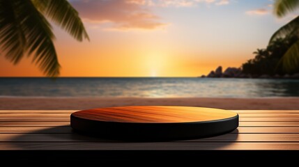 3d podium with copy space for product display presentation on palm beach and blue sky abstract background. Tropical summer and vacation concept. Graphic art design.