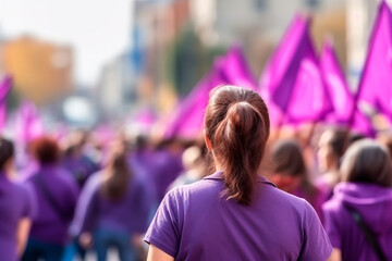 Many people with purple t-shirts and banners, men and women, at the Women's Day demonstration, March 8