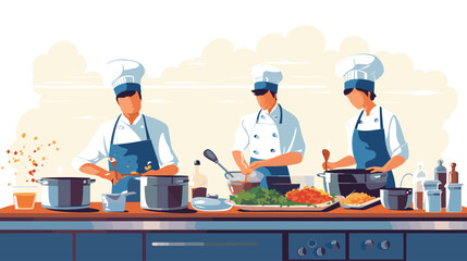 Food Vector Cooking Class vector illustration of a cooking class in progress with chefs, students, cooking utensils, and delicious dishes being prepared