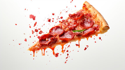 A template featuring a delicious, appetizing slice of pepperoni pizza seemingly flying against a white background.