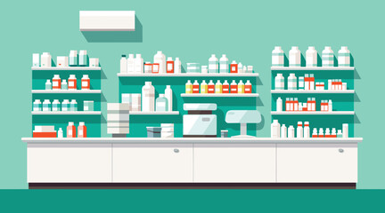 Obraz premium Healthcare Vector Pharmacy vector representation of a modern pharmacy with shelves of medicines, a counter, and a pharmacist. 