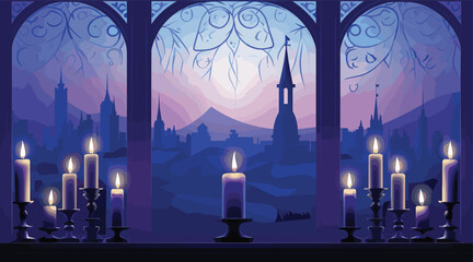 vector scene of a candlelit Christmas window display, showcasing a warmly glowing menorah or Advent candle set