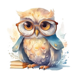 Fototapeta premium Watercolor cute clipart owl in glasses reading a book on transparent background. sublimation, tshirt, mug, pillow, tumbler, print