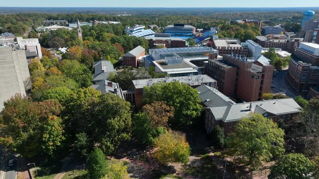 University of North Carolina dorms and football stadium during autumn. Aerial view of UNC Chapel Hill campus.