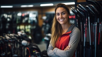 Obraz na płótnie Canvas Beautiful young woman smiling looking at camera in golf equipment shop