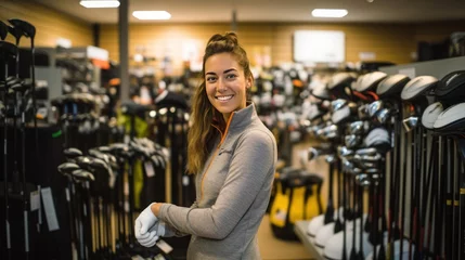 Deurstickers Beautiful young woman smiling looking at camera in golf equipment shop © somchai20162516