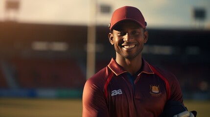 Cricketer stands smiling happily looking at the camera after practicing on the field.
