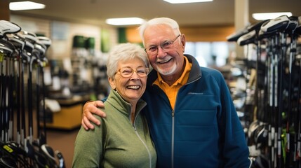 Fototapeta na wymiar Smiling elderly couple looking at camera in golf equipment shop