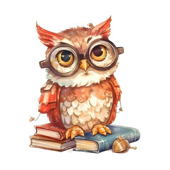 Watercolor cute clipart owl in glasses reading a book on transparent background. sublimation, tshirt, mug, pillow, tumbler, print