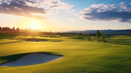 Fototapeta premium Golf course at sunset, beautiful sky