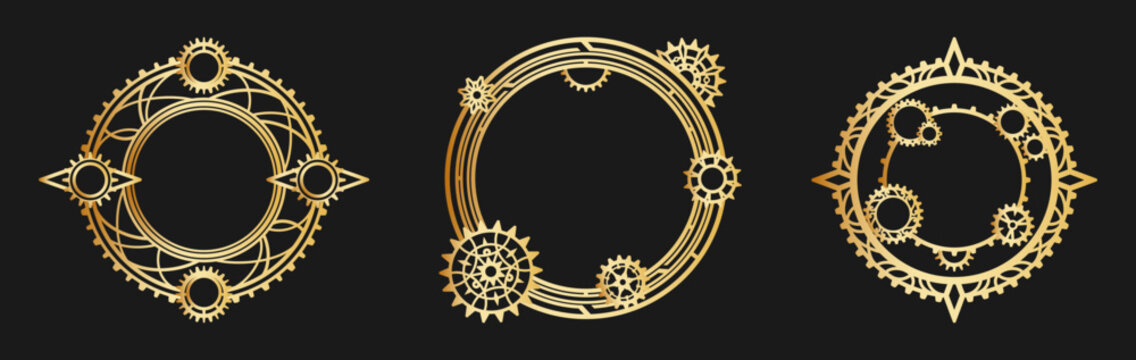 Round openwork frames in the shape of a gear with decorative cogwheels. Golden elements, isolated on a black background. Mechanism. Steampunk. Vector set for a stylish greeting card design, decoration