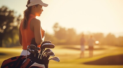 Professional female golfer takes golf clubs from golf bag to play a competitive game on the course. - obrazy, fototapety, plakaty