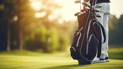 Professional female golfer takes golf clubs from golf bag to play a competitive game on the course. - obrazy, fototapety, plakaty