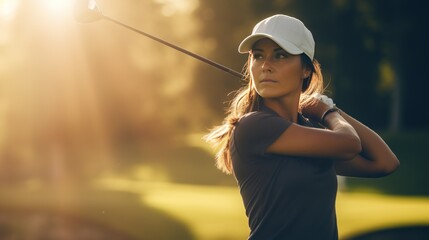 Professional female golfer wears sportswear in golf tournament at golf course in beautiful pose. - obrazy, fototapety, plakaty