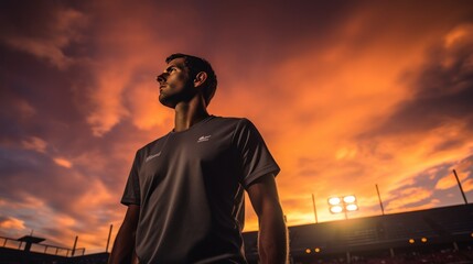 Fototapeta premium Professional tennis player. Court lights. Beautiful sky.