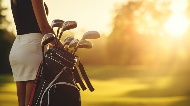 Professional female golfer takes golf clubs from golf bag to play a competitive game on the course. - Powered by Adobe