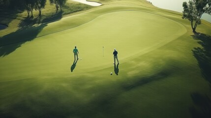 Top view of two men playing golf on a sunny summer day. Green golf course aerial view - Powered by Adobe