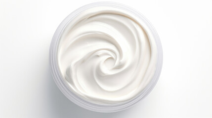 A description of a white cosmetic cream isolated on a white background, presented as a swatch or stroke