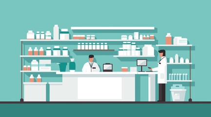 Healthcare Vector Pharmacy vector representation of a modern pharmacy with shelves of medicines, a counter, and a pharmacist. 