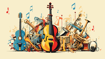 Music Vector Instruments vector composition featuring a variety of musical instruments like guitars, pianos, and saxophones. Color musical instrument colors and harmonious musical notes - obrazy, fototapety, plakaty