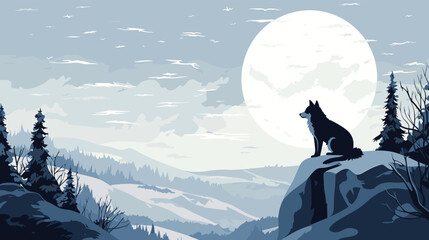 vector artwork capturing the mystique of a moonlit heath in winter. a lone wolf, is meticulously designed with sleek lines and minimalistic detail, standing out against the snow-covered landscape. - obrazy, fototapety, plakaty