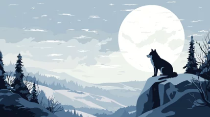 Schilderijen op glas vector artwork capturing the mystique of a moonlit heath in winter. a lone wolf, is meticulously designed with sleek lines and minimalistic detail, standing out against the snow-covered landscape. © J.V.G. Ransika