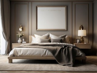 Mockup frame in luxury Hampton style bedroom interior
