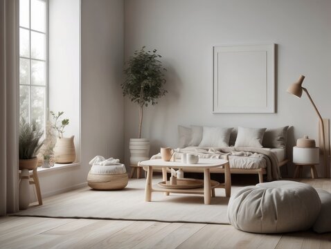 Mock up frame in white cozy children room interior background, Scandinavian style