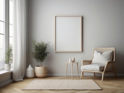 Mock up frame in white cozy children room interior background, Scandinavian style
