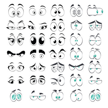 Cartoon faces. Expressive eyes and mouth, smiling, crying and surprised character face expressions. Caricature comic emotions or emoticon doodle. Isolated vector illustration icons bundle. Eye bundle.