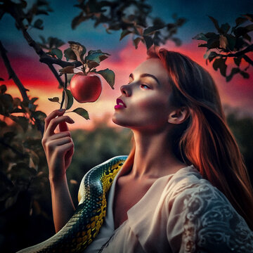 Woman in the forest and an apple tree