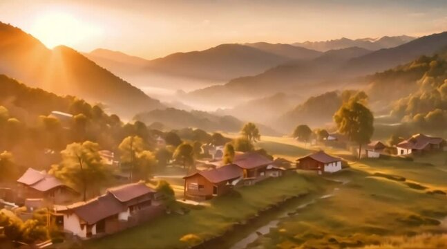 Mountain village sunrise drone view Generative AI. Virtual video scene animated background