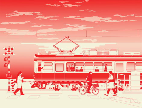 Japan, tourism poster template. Japan Railway system in modern stylish illustration. A tram-train in kanagawa Japan. Light rail vehicle. Japanese. translation: Caution and no entry.