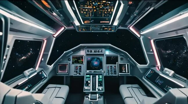 futuristic spaceship cockpit with control panel and high-tech display in outer space masterpiece Generative AI. Virtual video scene animated background