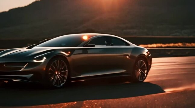 luxurious car parked on the highway with an illuminated headlight at sunset cinematic Generative AI. Virtual video scene animated background